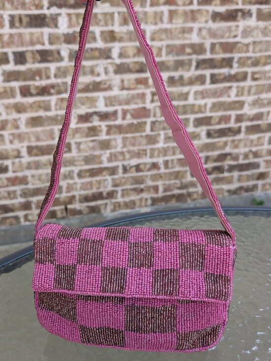 Anthropologie Handbags - ANTHROPOLOGIE Pink Checkered Viral Beaded Bag